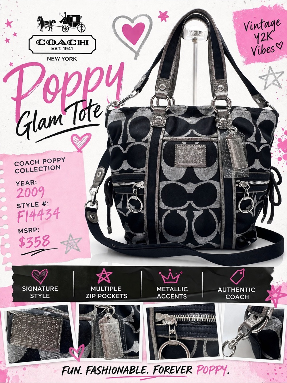 Coach Poppy Glam Tote 2009 Signature Black Silver w/original Hangtags MSRP $358
